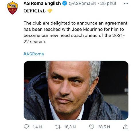 Mourinho dẫn dắt AS Roma c&ugrave;ng bản hợp đồng đến năm 2024