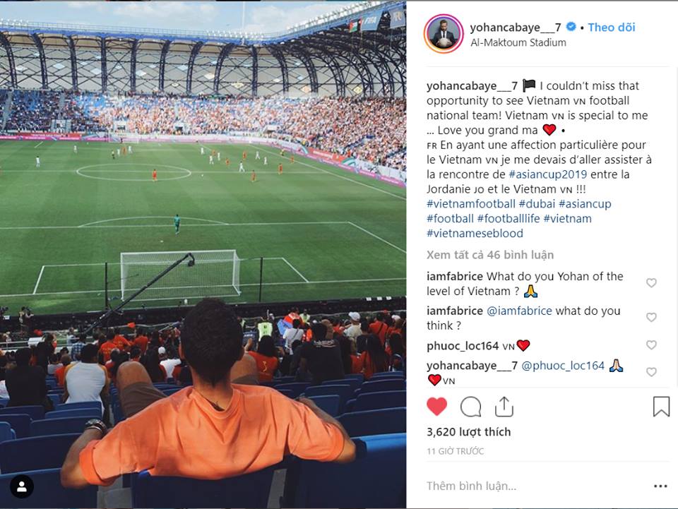 Yohan Cabaye cổ vũ Việt Nam thắng Jordan ở Asian Cup 2019