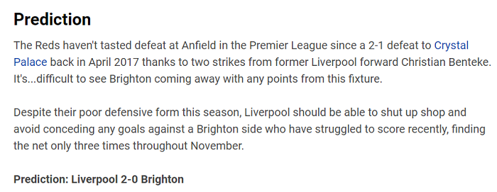 Dự đo&aacute;n Liverpool vs Brighton (22h 30/11) bởi chuy&ecirc;n gia Charlie Adey