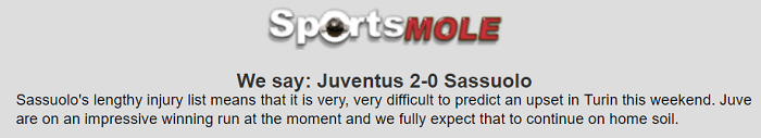 Dự đo&aacute;n Juventus vs Sassuolo (18h30 1/12) bởi Sports Mole