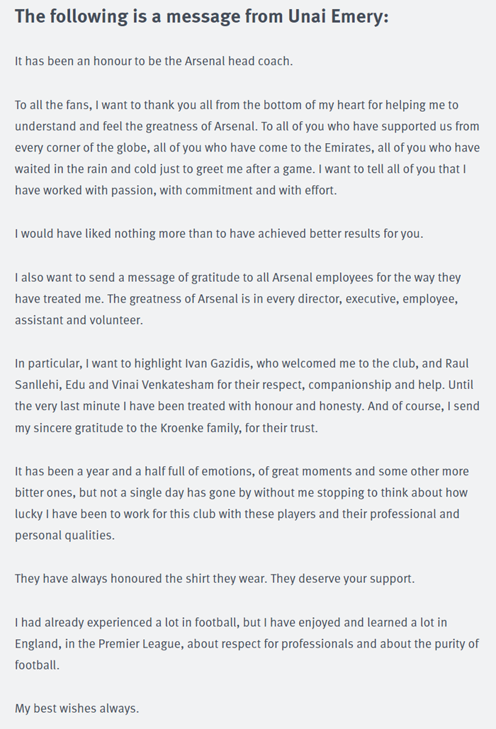 X&uacute;c động với t&acirc;m thư chia tay Arsenal của Unai Emery