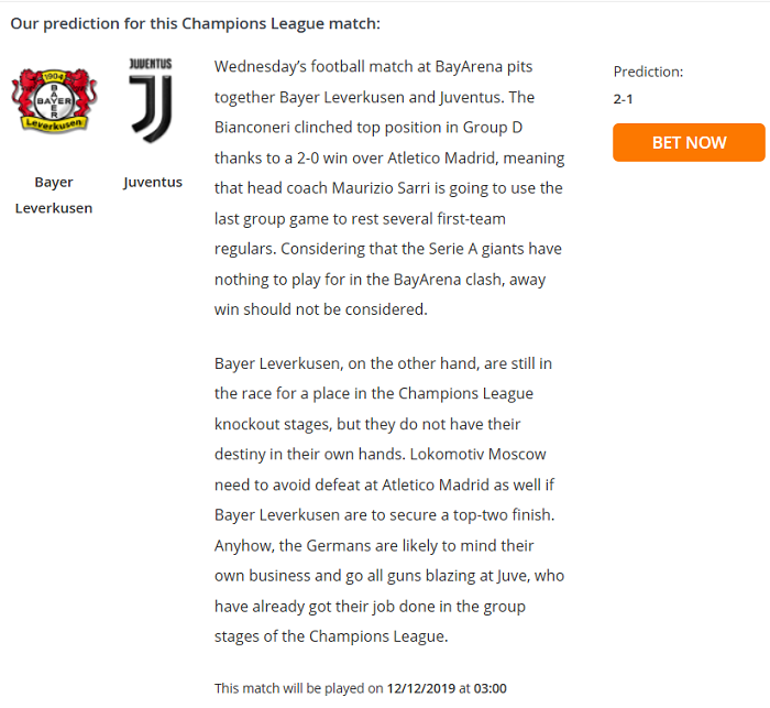Dự đo&aacute;n Leverkusen vs Juventus (3h 12/12) bởi Football Predictions
