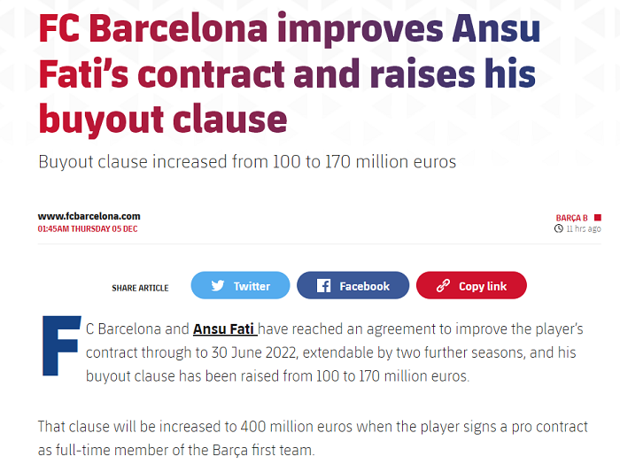 Barcelona ch&iacute;nh thức &lsquo;tr&oacute;i ch&acirc;n&rsquo; th&agrave;nh c&ocirc;ng Ansu Fati