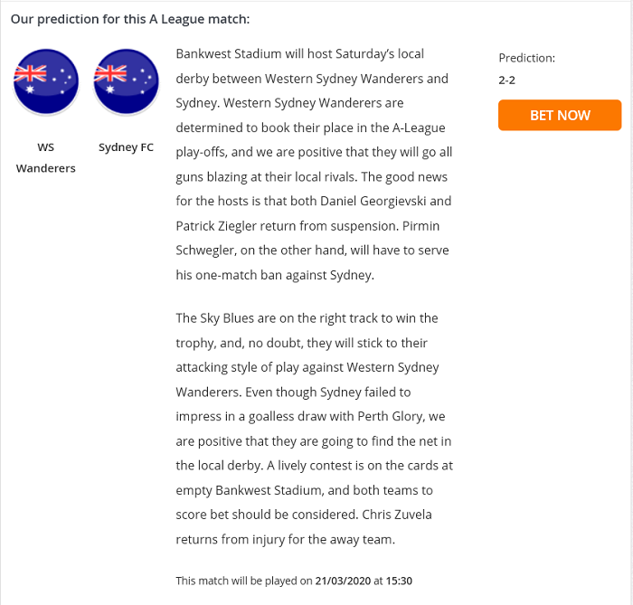 Dự đo&aacute;n Western Sydney vs Sydney (15h30 21/3) bởi Football Predictions