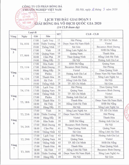 Lịch thi đấu ch&iacute;nh thức V-League 2020