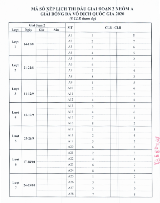 Lịch thi đấu ch&iacute;nh thức V-League 2020