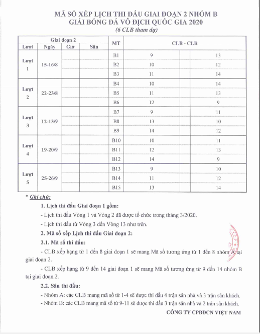 Lịch thi đấu ch&iacute;nh thức V-League 2020