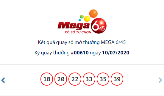 Kết quả Vietlott Xổ số tự chọn MEGA 6/45 ng&agrave;y 10/7