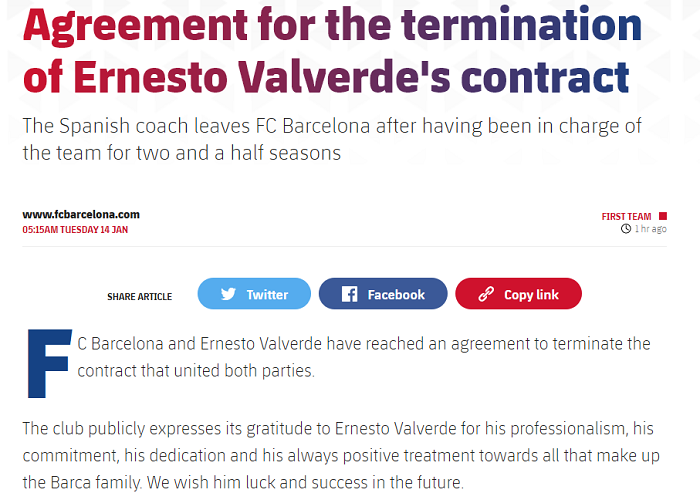 Barcelona ch&iacute;nh thức sa thải HLV Ernesto Valverde