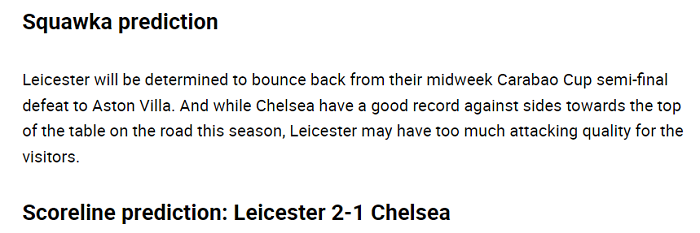 Dự đo&aacute;n Leicester vs Chelsea (19h30 1/2) bởi Squawka
